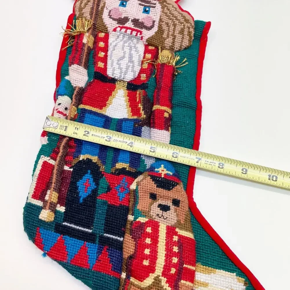 Vintage Needlepoint Wool Christmas Stocking Nutcracker Teddy Bear 3D